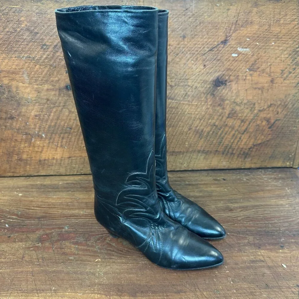 Walter Steiger Black Leather Knee High Boots Size 37 - Picture 1 of 13